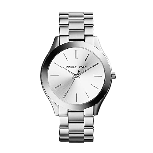 Michael Kors SLIM RUNRAY Orologio da Donna, Misura Cassa 42 mm, Movimento a Tre Lancette, Cinturino in Acciaio Inossidabile, D'argento